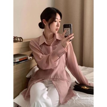 韓國chic秋季減齡氣質百搭長袖襯衫+掛脖疊穿后背系帶背心兩件套