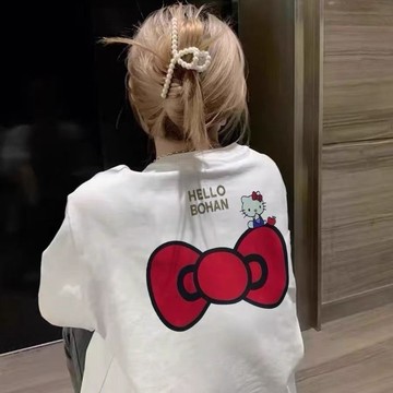 KittyT恤✨ 夏季2026新款美式前後蝴蝶結印花短袖T恤寬松上衣百搭ins居家短袖 大尺碼上衣 短袖T恤女 圓領上衣