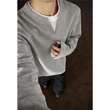 V37華夫格假兩件長袖T恤男秋美式純色V領打底衫高街休閑內搭上衣