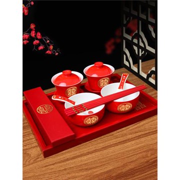 敬茶杯結婚新人改口杯具一對中式紅色喜字對碗喜筷禮盒新娘陪嫁