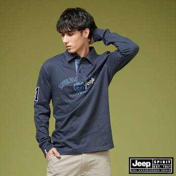 JEEP 男裝 美式文字印繡長袖POLO衫-灰藍色