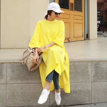 夏季長款開叉T恤女新款韓版寬松顯瘦七分袖bf風黃色過膝打底體恤