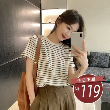 【台灣發貨】韓版復古條紋寬鬆短袖上衣 衣服 女裝 t恤 短袖t恤 上衣【T595】