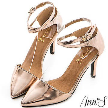 Ann’S性感斜口繞帶繫踝素面尖頭跟鞋-粉金