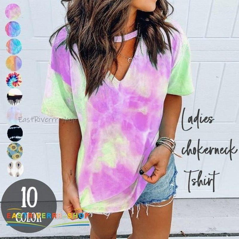 カットソー 半袖 レディース 女性 トップス Tシャツ チョーカーネック 深vネック タイダイ染め カラフル ドロップショルダー プルオーバー ビッグ 通販 Lineポイント最大0 5 Get Lineショッピング