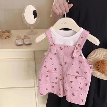 Mini baby🌷韓版童裝女童夏季套裝新碎花揹帶褲子女寶寶兩件套