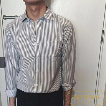 韓版修身條紋長袖襯衫男休閒復古方領寬鬆大碼襯衣【繁星小鎮】