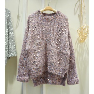 歐洲站撞色毛衣秋裝新款亮絲釘珠針織上衣女韓版百搭顯瘦打底衫潮