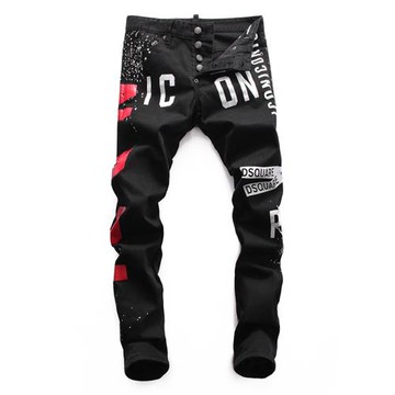 歐美潮牌春秋黑色字母甩墨印花修身小直筒牛仔褲男士外貿個性長褲