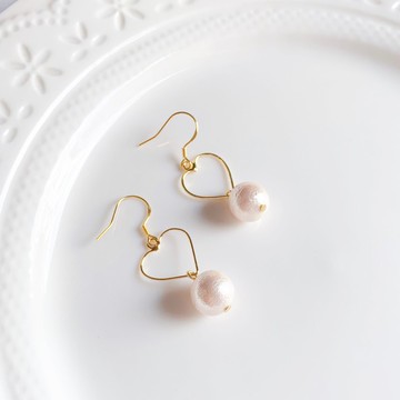 棉珍珠 簡約愛心耳環 棉花珍珠