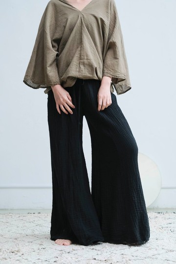 抽繩喇叭寬褲 / 雙層紗 黑