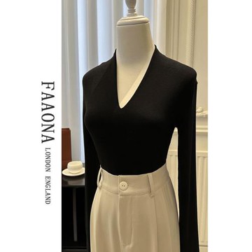 黑色V領長袖T恤打底衫女2025早秋新款修身高級感上衣秋冬加絨內搭