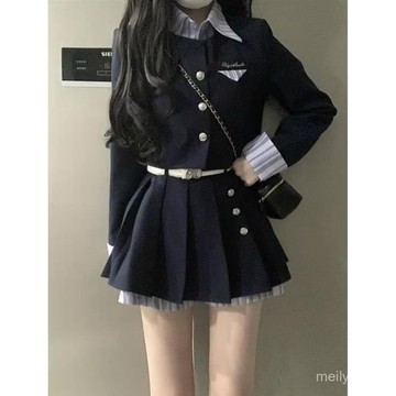 小個子氣質藏青學院風假兩件上衣春秋顯瘦辣妹黑色小衆長袖套裝女
