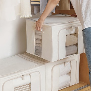 日本霜山 棉麻布雙開兩用可折疊衣物收納箱(附透窗)-73L-3入