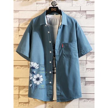 藍色襯衫男短袖夏季ins潮牌高級感痞帥oversize日系復古襯衣外套