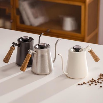 手沖壺咖啡家用304不銹鋼木手柄帶溫度計滴濾掛耳長嘴咖啡沖泡壺