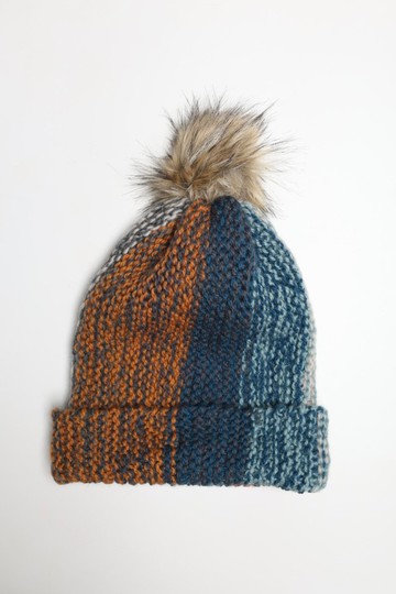 /潮流精品/藍黃直條紋雜線毛帽細軟純美麗諾羊毛帽/手工編織藝術