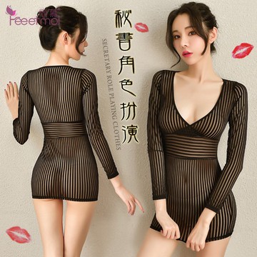 (共2色)《FEE ET MOI》秘書角色扮演服！條紋控 - 撩人深V透膚顯瘦包臀睡衣