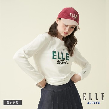 ELLE ACTIVE-男女共款 印花圓領長袖T恤塗鴉插畫-白