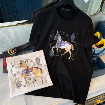 絲光棉短袖T恤男高端休閑冰絲馬圖案燙鉆潮牌薄款潮流純棉半袖潮