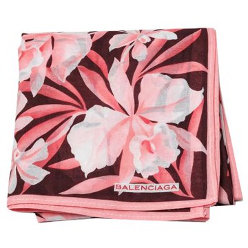 BALENCIAGA 巴黎世家深棕底粉紅邊熱帶粉蘭花圖騰LOGO帕巾(46CM)