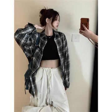 氛圍感大碼復古格子襯衫女夏季設計感小眾慵懶風寬松防嗮襯衫外套