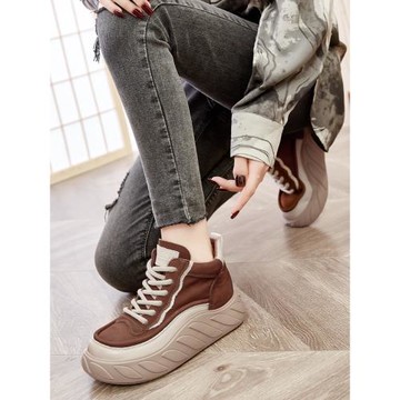真皮百搭女士高幫鞋新款松糕老爹鞋復古坡跟休閑鞋冬季加絨學生鞋
