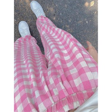 粉色格子褲女春秋雅痞美式復古垂感慵懶闊腿休閑爵士舞褲子夏季