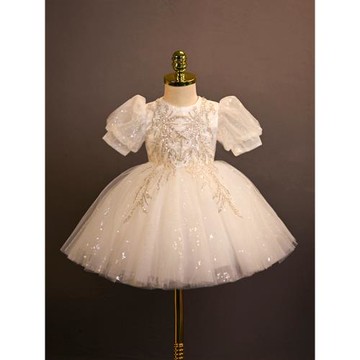 女童禮服輕奢高端女寶寶抓周生日公主裙白色兒童比賽走秀花童婚禮