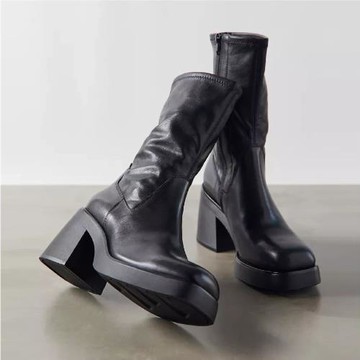 羊皮版~復古高跟真皮中筒靴女粗跟厚底馬丁靴騎士堆堆短靴西部靴