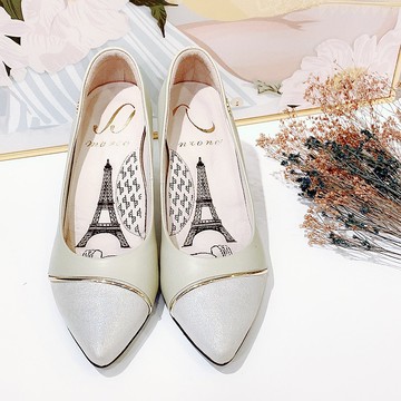 金線拼接尖頭跟鞋-優雅黃