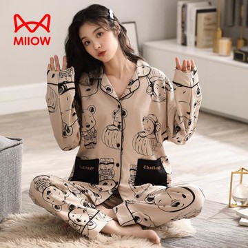 貓人純棉睡衣女春秋季長袖全棉薄款可外穿休閑卡通家居服開衫套裝