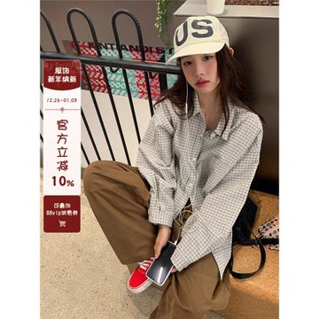馨幫幫  自制日系小眾格子長袖襯衫女2026早春休閑寬松男友風襯衣