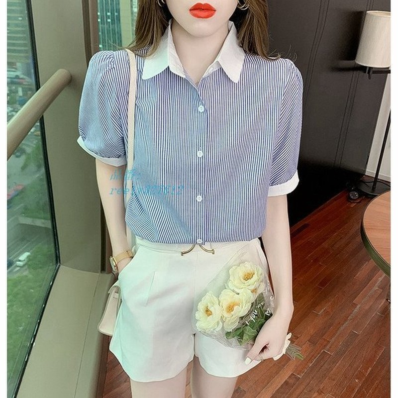 シャツ レディース トップス ブラウス ストライプ 半袖 スキッパー 配色ストライプシャツ 襟付き きれいめ 通販 Lineポイント最大0 5 Get Lineショッピング