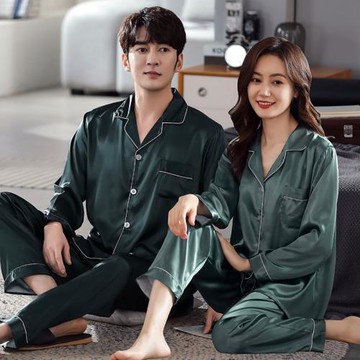 冰絲情侶睡衣春秋款薄款女真絲綢緞青中年男士休閑可外穿夏季套裝