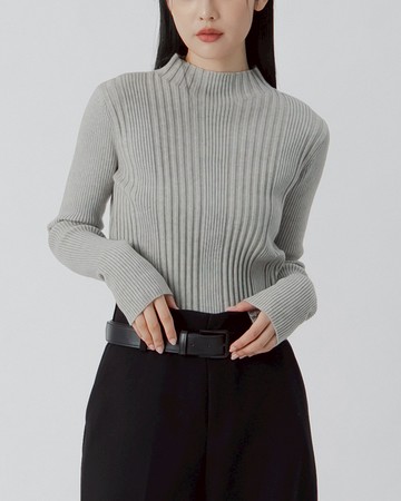 立體坑條高領針織上衣-灰
