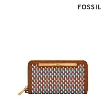 FOSSIL Liza 真皮拉鍊式長夾-棕色編織 SL10042403
