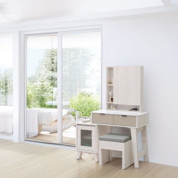 文創集 科蕭2.7尺可伸縮岩板開門鏡面鏡台/化妝台組合(含可收納化妝椅)-80x40x135-cm免組