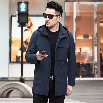 [米蘭精品] 風衣外套休閒大衣-連帽舒適多口袋中長款男外套2色73yw11