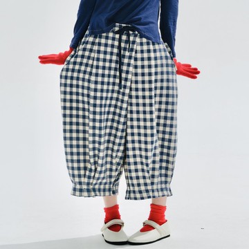藍白格紋純棉直筒褲 / 休閒褲 早秋