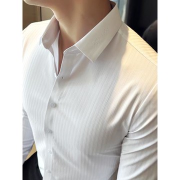 白色領口刺繡暗條紋長袖襯衫男新款免燙無痕商務襯衣潮流痞帥寸衫