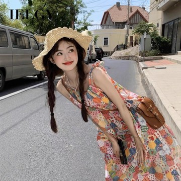 IELGY 碎花吊帶洋裝夏季新款花邊拼接顯瘦減齡裙