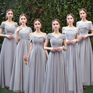 伴娘服長款2024新款灰色伴娘團禮服姐妹裙婚禮顯瘦一字肩宴會禮服