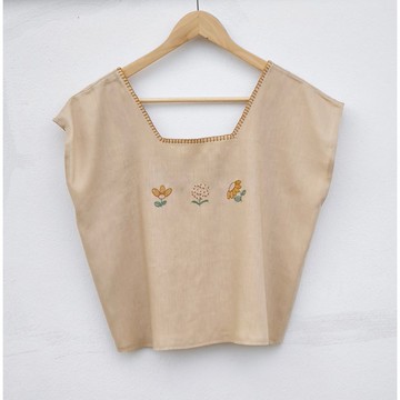 刺繡 | 亞麻 | 方領淺棕色上衣