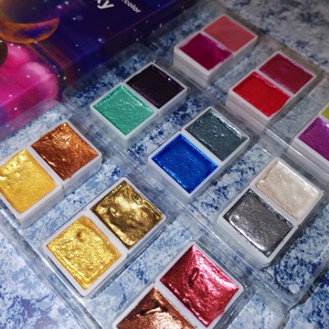 【6色裝】魚憶珠光固體水彩顏料金屬色水彩毛筆線稿工具套裝分裝