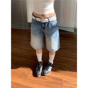 GIRLSFOOD 復古水洗淺藍色牛仔中褲 夏季新款做舊直筒短褲五分褲