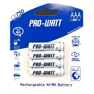 PRO-WATT CX750 4號AAA 4入 750mAh 立即用 低自放電 鎳氫 充電電池(1.2V 重複充電500次)