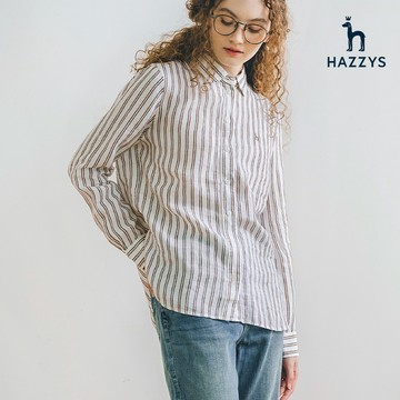 【HAZZYS】女款棕色初春知性從容優雅條紋質感長袖亞麻襯衫 YSXKB300
