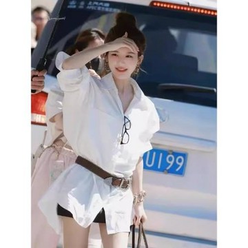 趙露思同款白色不規則翻領襯衫女春裝配腰帶辣妹中長襯衣氣質上衣