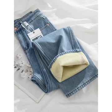 加絨加厚直筒牛仔褲女冬季2025新款小個子大碼胖mm高腰顯瘦闊腿褲